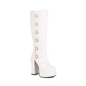 Women's Pu Leather Round Toe Buckles Belts Chunky Heel Platform Knee High Boots