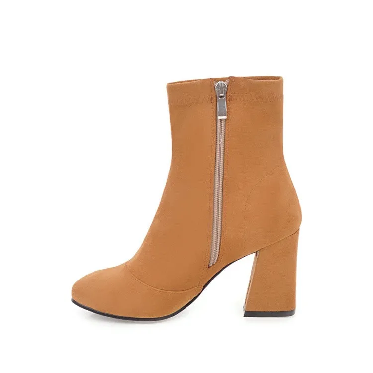 Women's Suede Round Toe Side Zippers Block Heel Short Boots
