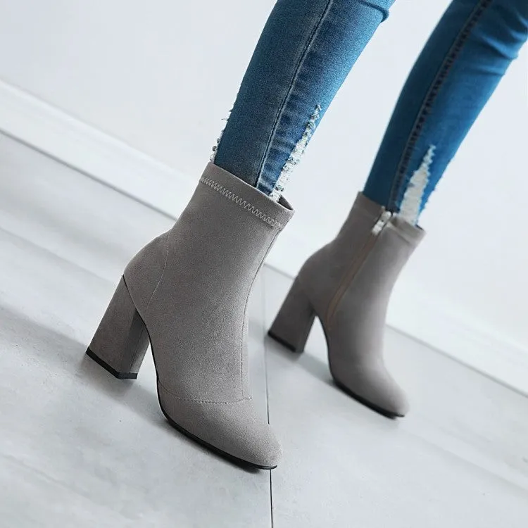 Women's Suede Round Toe Side Zippers Block Heel Short Boots