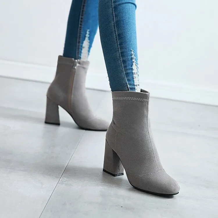 Women's Suede Round Toe Side Zippers Block Heel Short Boots